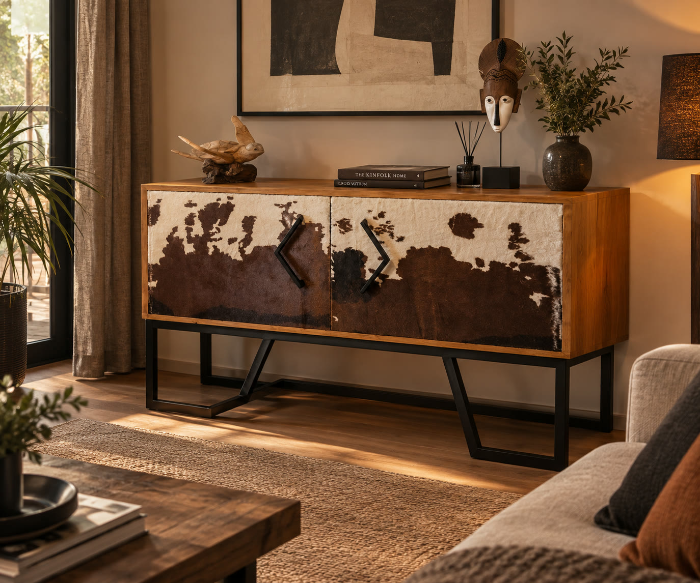 Aparador de madera con puertas de piel y estructura de acero negro